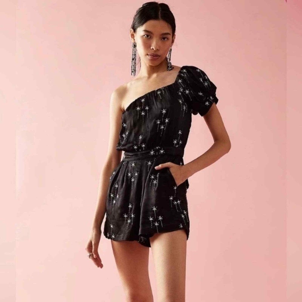 Free People Gemini One Shoulder Beaded Silky Party Romper SZ M Cocktail Party
